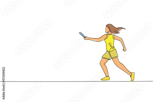 One continuous line drawing of young sporty runner woman try to pass baton stick to her teammate. Healthy lifestyle and fun jogging sport concept. Dynamic single line draw design vector illustration