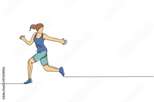One single line drawing of young happy runner woman exercise to receive baton stick graphic vector illustration. Healthy lifestyle and competitive sport concept. Modern continuous line draw design