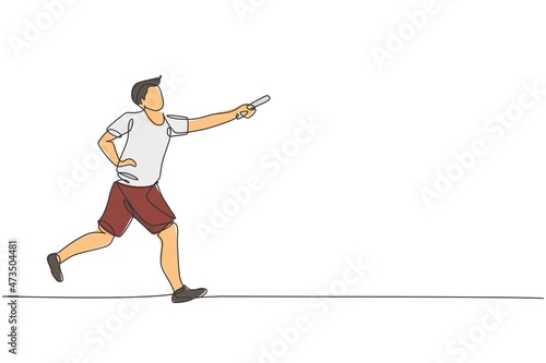 One single line drawing young happy runner man try to pass baton stick to his teammate graphic vector illustration. Healthy lifestyle and competitive sport concept. Modern continuous line draw design