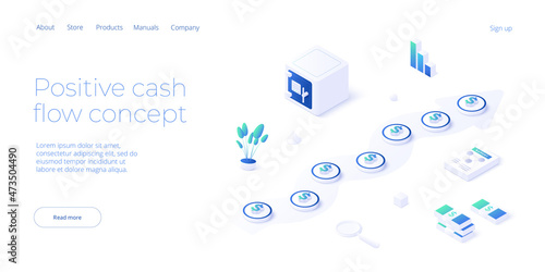 Cash flow or cashflow vector illustration in isometric design. Money management or financial plan concept with safe and graph. Web banner layout.