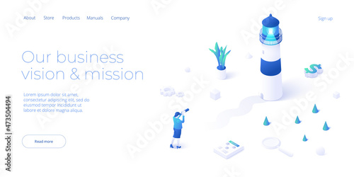 Business vision and mission vector illustration in isometric design. Strategy and corporate goal concept with lighthouse and female with spyglass. Web banner layout.
