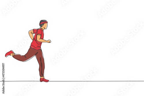 One continuous line drawing of young sporty runner man relax running at countryside. Healthy lifestyle and fun jogging sport concept. Dynamic single line draw design vector graphic illustration