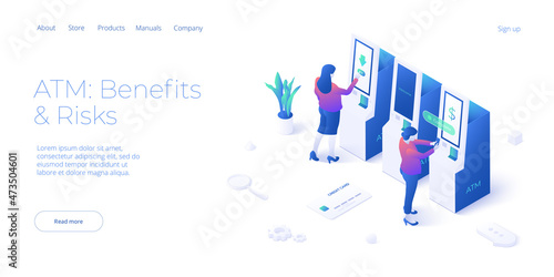 Queue near ATM machine in isometric vector design. Cash machine withdrawal or online money transfer. Internet banking smartphone pay. Website banner layout template.