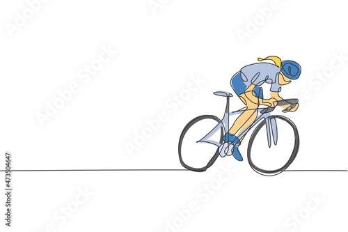 Fototapeta Naklejka Na Ścianę i Meble -  One single line drawing young energetic woman bicycle racer focus train her speed vector graphic illustration. Racing cyclist concept. Modern continuous line draw design for cycling tournament banner