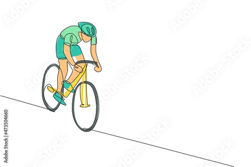 One single line drawing of young energetic man bicycle racer focus to chase after rival vector illustration. Racing cyclist concept. Modern continuous line draw design for cycling tournament banner