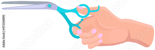 Scissors, tool made of blades and plastic handle isolated on white background. Equipment for creativity, cutting materials. Iron scissors in human hand. Sharp cutting tool, shears, clippers