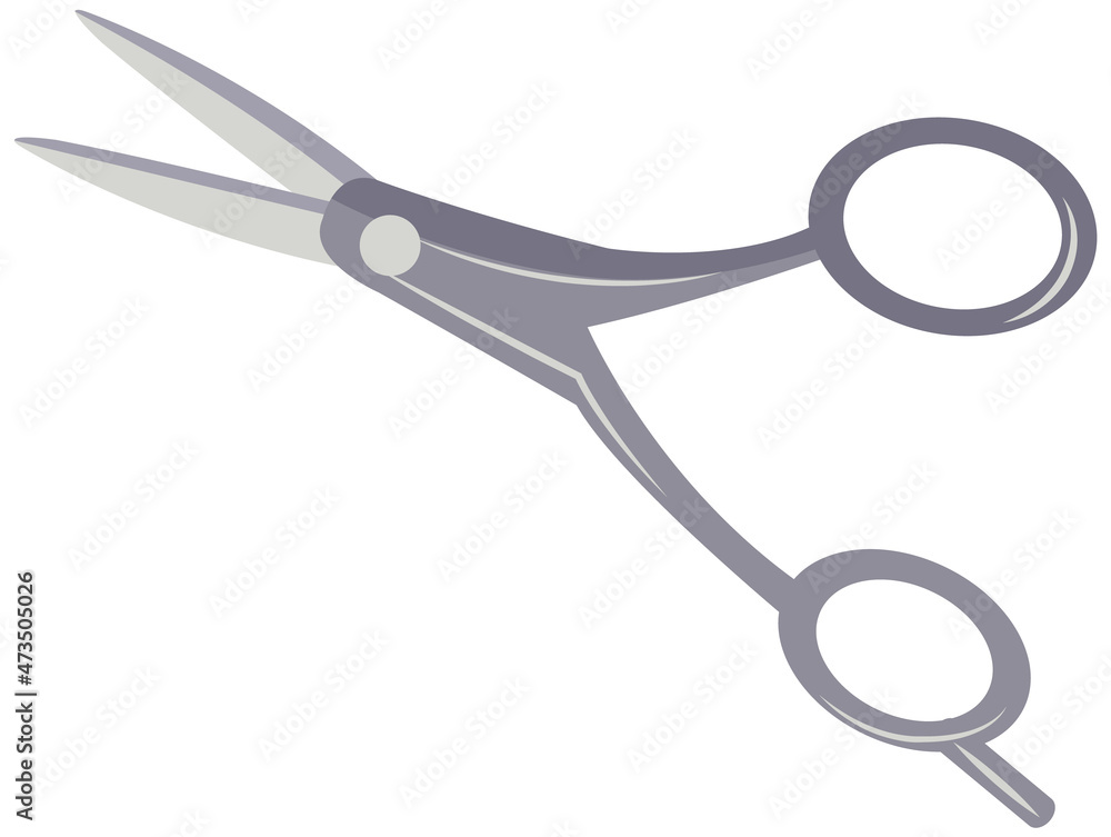 Hairdressing scissors with sharp blades and additional handle for holding. Barber tool, barbershop symbol, haircut creation equipment. Hairdresser tool for cutting hair isolated on white background Hairdressing scissors with sharp blades and additional handle for holding. Barber tool, barbershop symbol, haircut creation equipment. Hairdresser tool for cutting hair isolated on white background