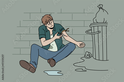 Drug addict and narcomaniac concept. Young man drug addict sitting on floor putting syringe with heroin into vein for pleasure vector illustration 