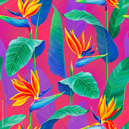 Foto Seamless pattern design with hand painted illustration of Sterlitzia flower