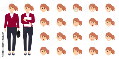 Businesswoman character set wearing business outfit with different facial expression and emotion angry happy excited unhappy cry sad cheerful posing standing isolated icon set