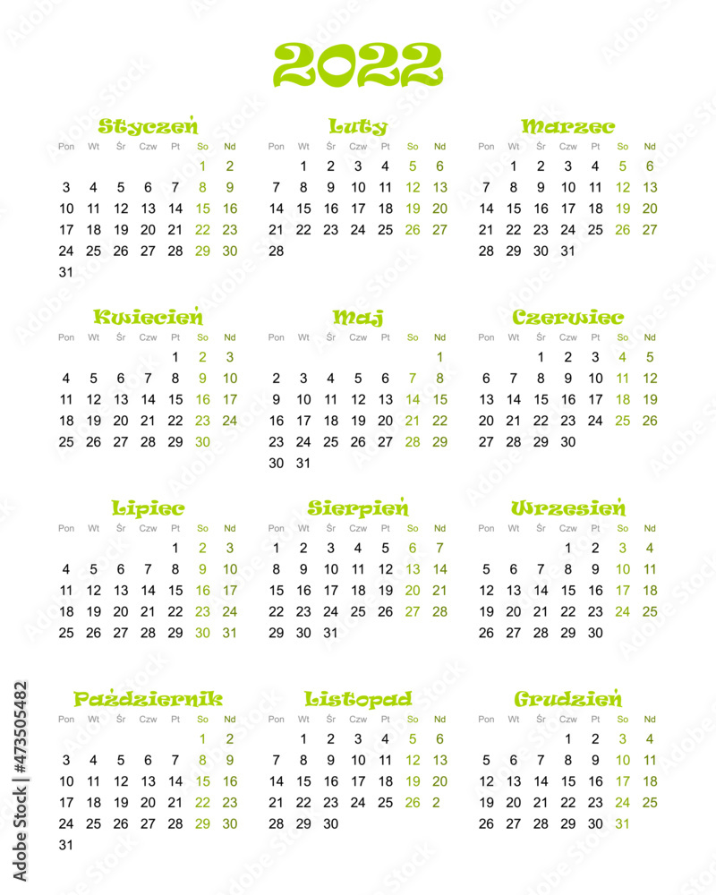 Calendar for 2022 year with polish characters green