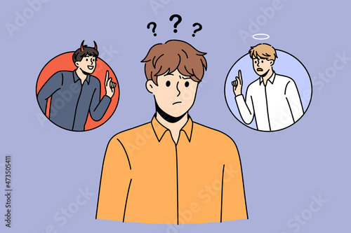 Choosing between evil and kindness concept. Frustrated boy standing with question sign mark above trying to choose between devil and angel in thoughts vector illustration 