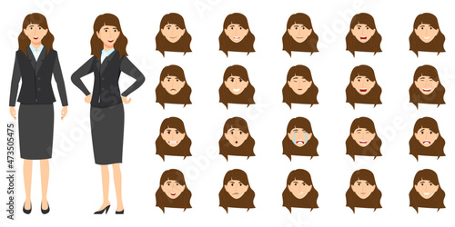 Businesswoman character set wearing business outfit with different facial expression and emotion sad angry happy excited unhappy cry cheerful posing isolated icon set