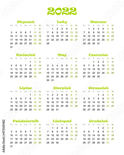 Obraz na płótnie Calendar for 2022 year with polish characters green w salonie