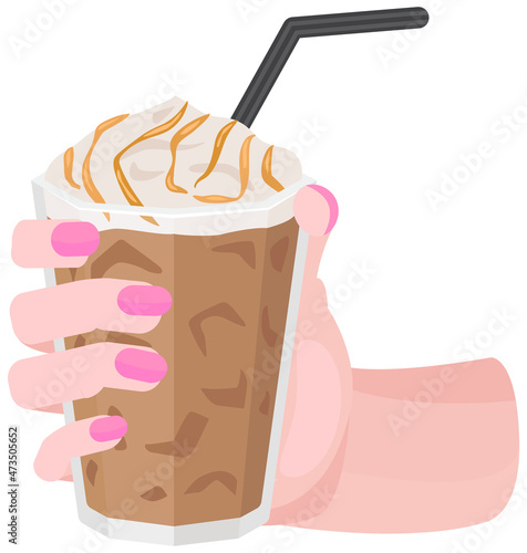Glass with cold, invigorating drink. Take away coffee, beverage to go vector illustration. Woman s hand holding cup of aromatic coffee with ice and whipped cream. Refreshing drink, take away ice latte