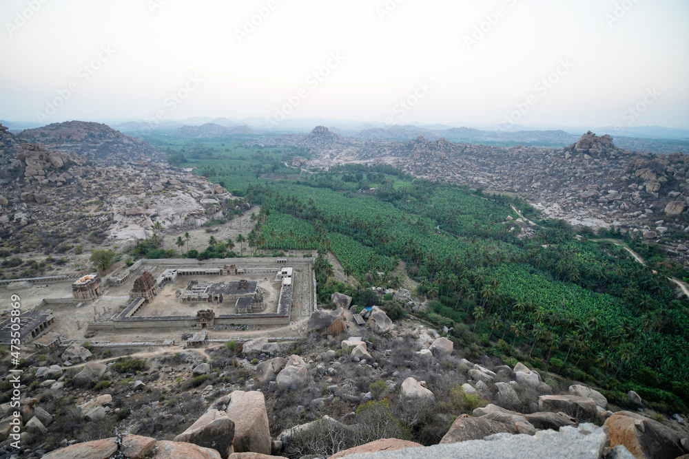 Achyutaraya Temple complex view from Matanga Hill, Hampi, Karnataka, India. UNESCO world heritage site