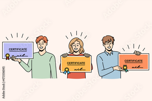 Certificates and education diploma concept. Group of smiling positive people graduates standing holding colorful official certificates with stamps in hands vector illustration 