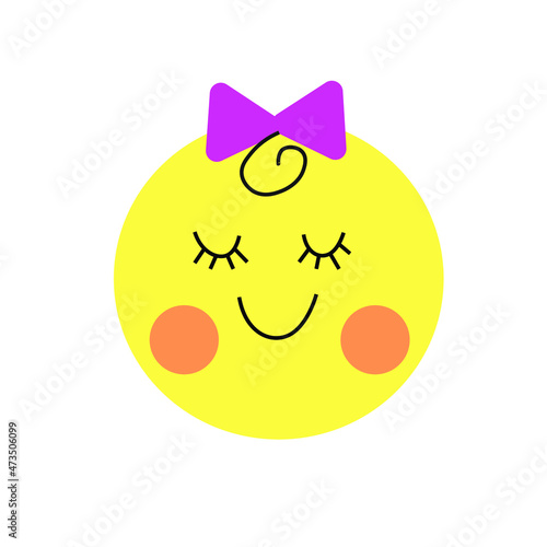 Face of a baby girl, female features, with pink ribbon and yellow face, for use in animations and birthdays, isolated over white background. Cartoon and comic vector cartoon characters