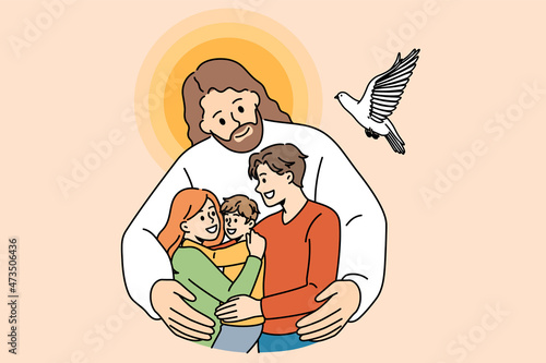 Christianity and religious education concept. Kind smiling Jesus in white clothing standing and hugging happy family with child taking care vector illustration 