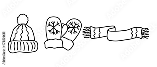 Set of hand-drawn vector gloves hat and scarf in doodle style.