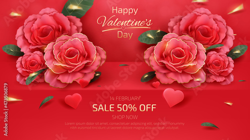 Valentines Day Background, Red Shelves with realistic rose element and green leaf with golden ribbon, glitter light effect. banner template sale 50% off. 3d luxury style. Vector illustration.