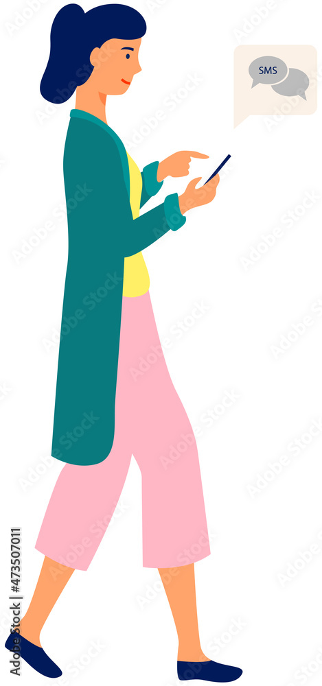 Young happy woman walking with mobile phone using smartphone to share posts and news in social networks, chatting with friends, sending message. Girl holds smart phone to make repost of video and news Young happy woman walking with mobile phone using smartphone to share posts and news in social networks, chatting with friends, sending message. Girl holds smart phone to make repost of video and news