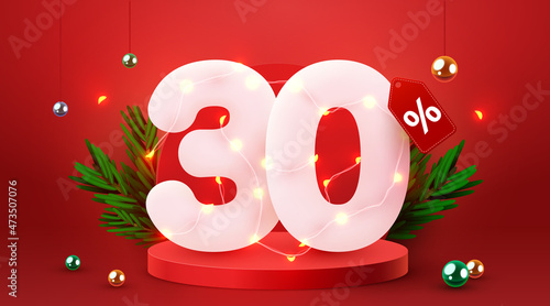 30 percent Off. Discount creative composition. 3d sale symbol with decorative objects. Sale banner and poster.