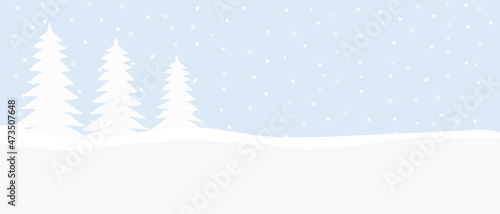 Winter background with snow, forest and mountains, flat vector cartoon. A simple landscape for a splash or cover for a New Year's card.