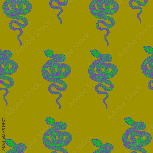 Seamless floral pattern with snake on yellow background. background in nature style.