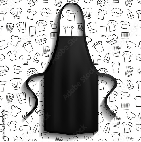 Black aprons near cooking symbols. Clothes for work in kitchen, protective element of clothing for cooking. Chef clothing with long straps. Aprons next to icons of kitchen utensil, toque