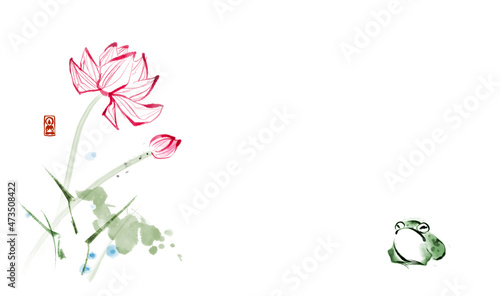 Frog sitting under lotus flowers. Traditional oriental ink painting sumi-e, u-sin, go-hua