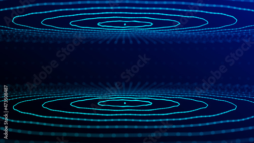 Abstract blue background of circular flow of particles. Network connections structure. Big data visualization. 3D rendering.
