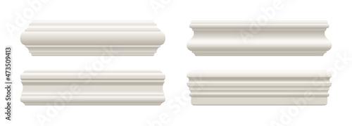 Set of white skirting cornice moulding or baseboard. Ceiling crown on white background. Plaster, wooden or styrofoam interior decor. Classic home design. Vector illustration. photo