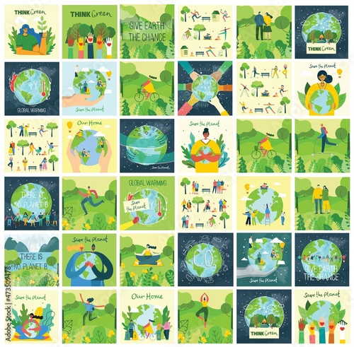 People Characters trying to Save Planet Earth. Global Warming and Climate Change Concept.