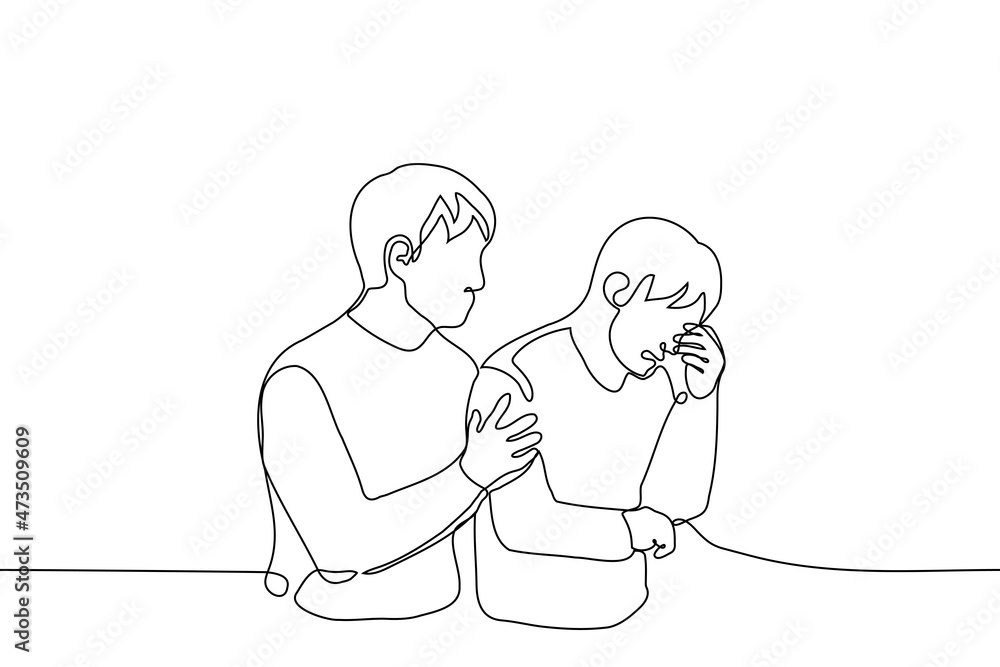 man comforts another crying man - one line drawing vector. concept of man consoles friend, emotional support, empathy, kindness, openness, responsiveness man comforts another crying man - one line drawing vector. concept of man consoles friend, emotional support, empathy, kindness, openness, responsiveness