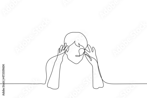man sits and rubs his temporal lobes with his fingers - one line drawing vector. concept of intense thinking, headache or migraine