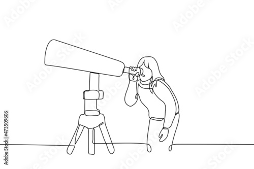 woman looks through huge telescope at stars - one line drawing vector. concept female astronomer, student or astronomy lover look through huge telescopic apparatus at starry sky