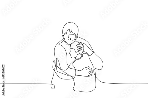 adult hugs child who cuddles to him - one line drawing vector. concept of long awaited meeting of parent and son, younger congratulates elder, adult comforts child