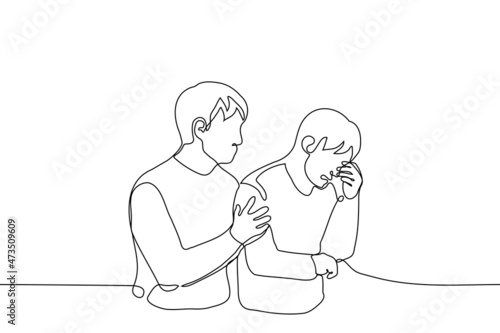 man comforts another crying man - one line drawing vector. concept of man consoles friend, emotional support, empathy, kindness, openness, responsiveness