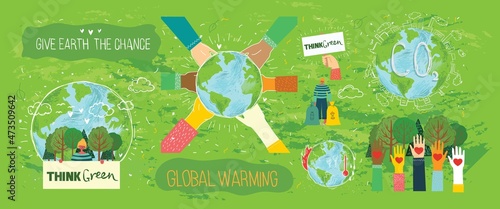 People Characters trying to Save Planet Earth. Global Warming and Climate Change Concept.