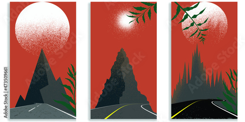 Social media editable covers curved road . Mountain peaks in sunset .Grunge design . Contemporary style . Post frame stories templates. Layout for promotion .Media banner .Vector