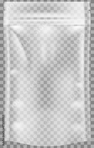 Transparent plastic bag with handle vector illlustration. Glossy polyethylene mockup. Plastic packaging isolated on transparent background. Polyethylene packaging for storing and carrying items