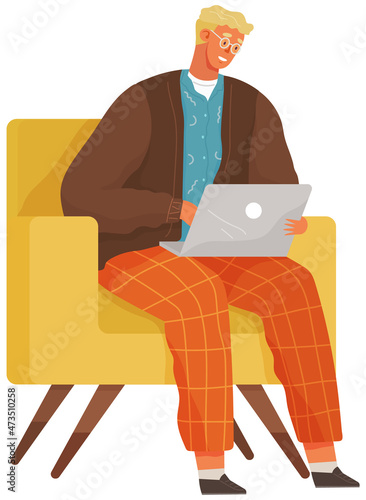 Working male character employee in office sitting on armchair with computer typing on keyboard communicating. Man freelancer sitting at home with laptop. Young clerk with tablet pc doing his work