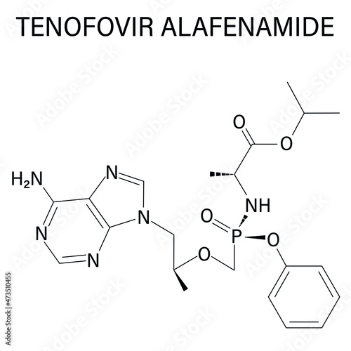 Tenofovir alafenamide antiviral drug molecule. Prodrug of tenofovir. Skeletal formula. photo