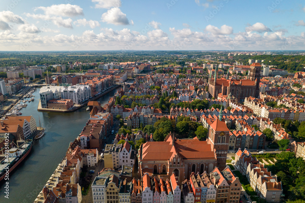 Gdansk. A city by the Baltic Sea on a sunny beautiful day. Aerial view over the seaside city of Gdańsk.