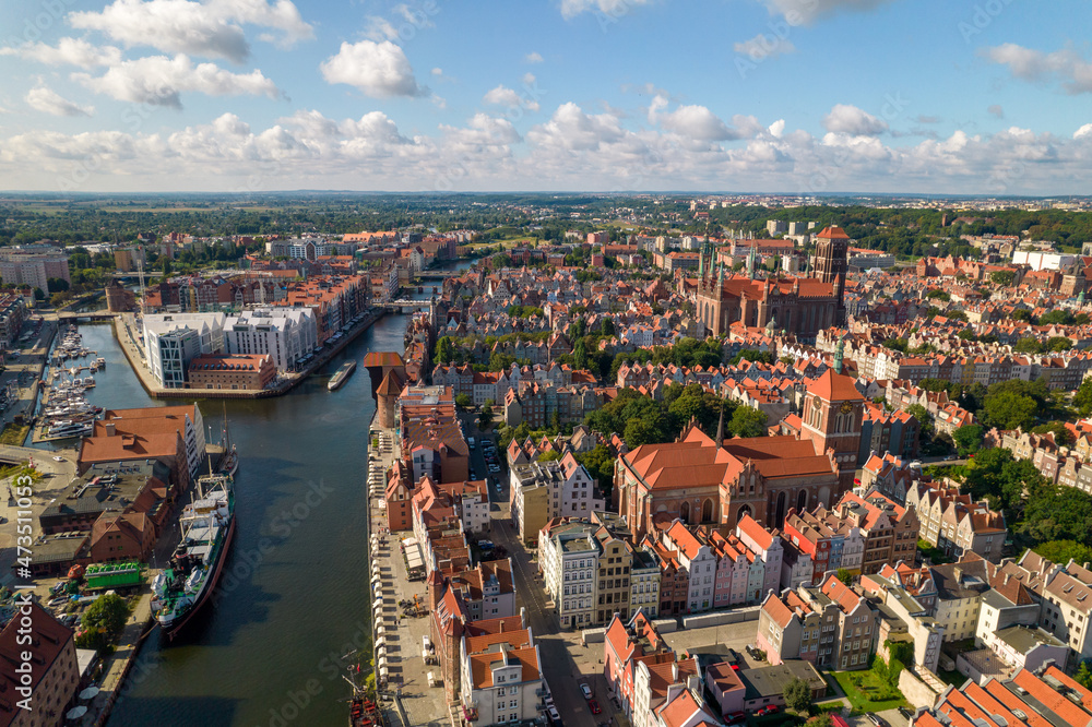 Gdansk. A city by the Baltic Sea on a sunny beautiful day. Aerial view over the seaside city of Gdańsk.