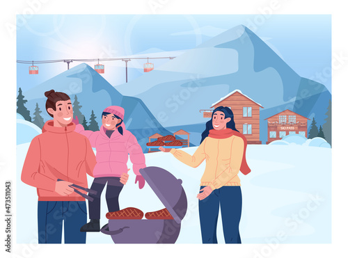 Winter bbq concept. Winter holiday outdoors activity. Ski resort bbq