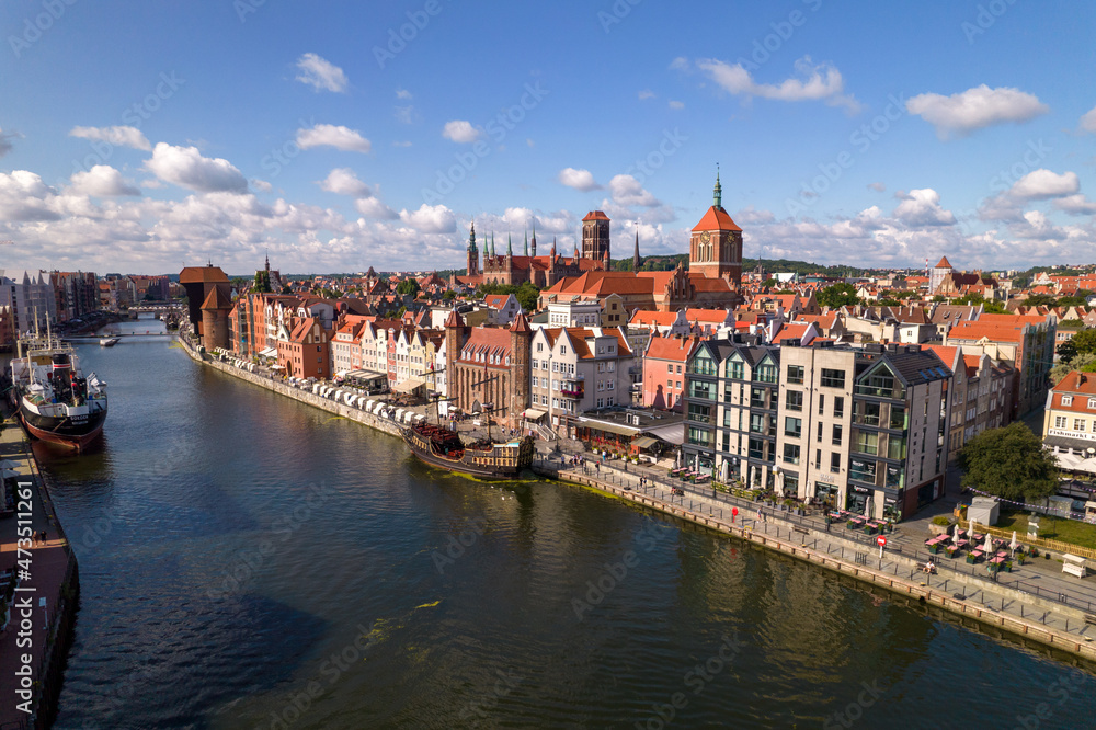 Gdansk. A city by the Baltic Sea on a sunny beautiful day. Aerial view over the seaside city of Gdańsk.