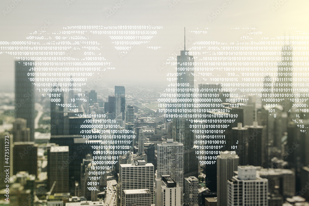 Fototapeta premium Multi exposure of abstract graphic world map hologram on Chicago office buildings background, connection and communication concept