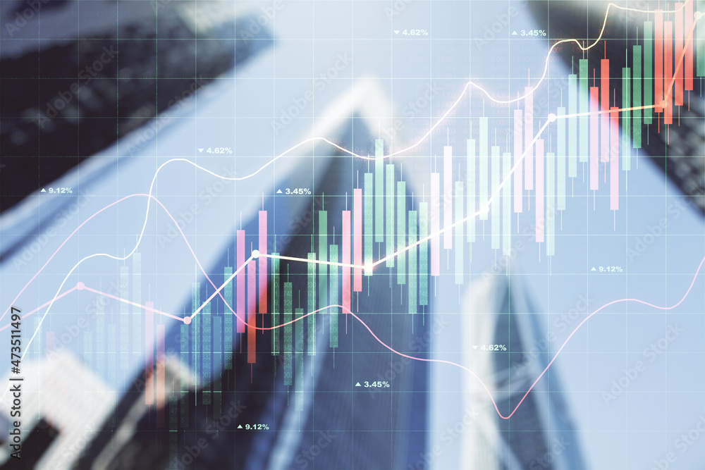 Multi exposure of abstract financial diagram on office buildings background, banking and accounting concept Multi exposure of abstract financial diagram on office buildings background, banking and accounting concept